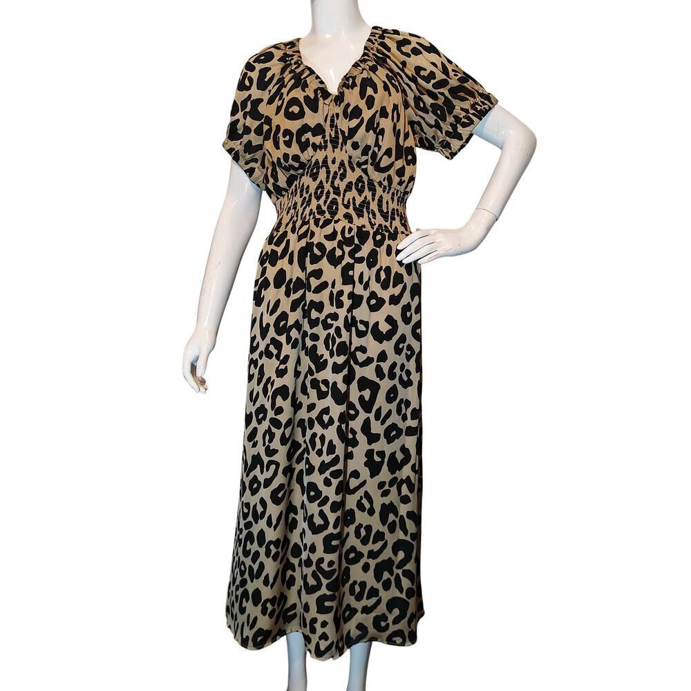 On 34th Leopard Print Midi Dress Smocked Waist Short Sleeve Size 0X Plus